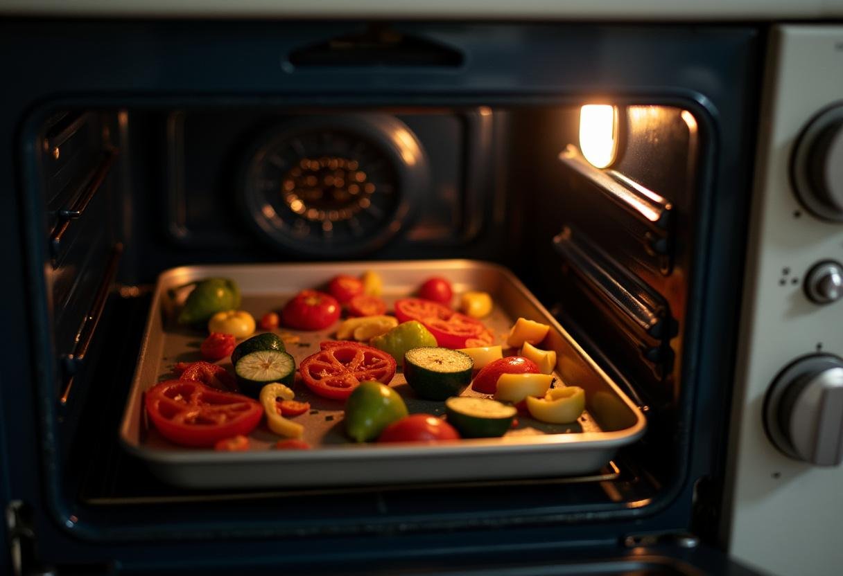 Vegetables being placed in the oven for roasting, ensuring perfect textures and flavors.