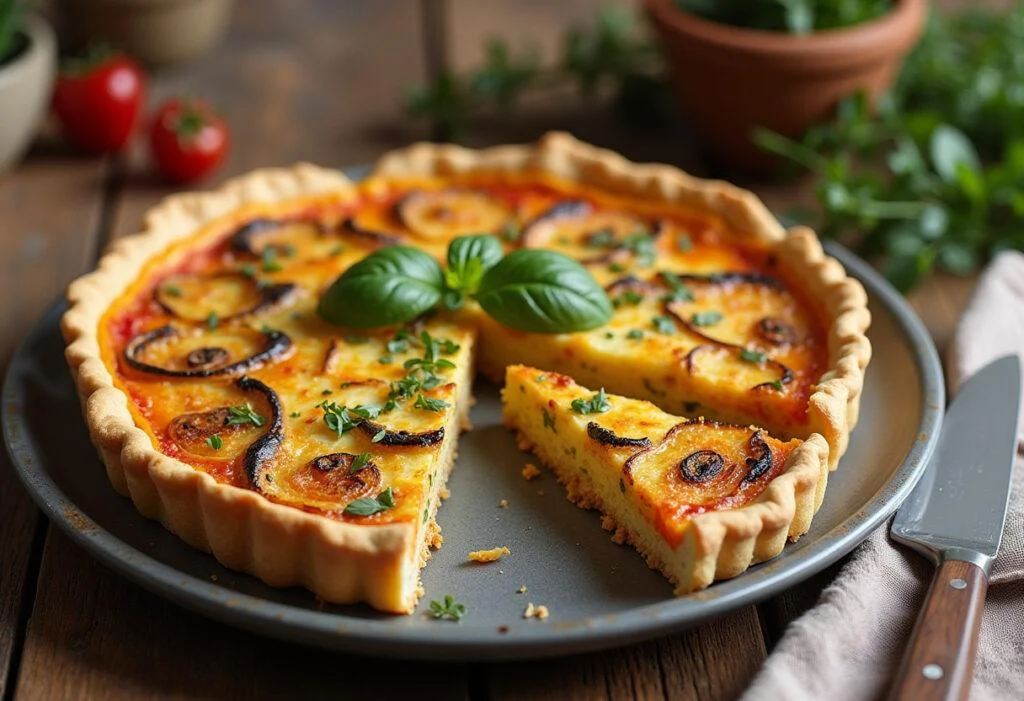 Finished Roasted Vegetable Quiche, perfect for a brunch or light meal.