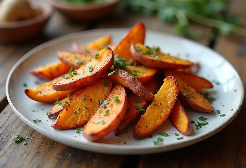 Deliciously seasoned Spiced Sweet Potato Wedges ready to serve on a rustic table.