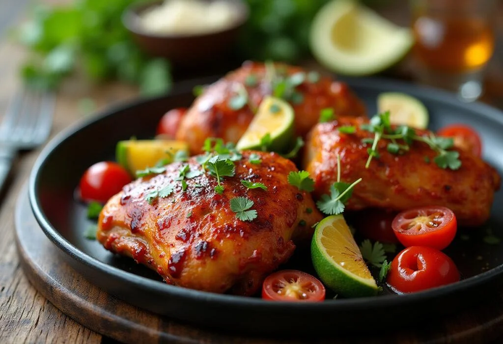 Perfectly grilled spicy chicken thighs presented on a rustic table, ideal for a flavorful dining experience.