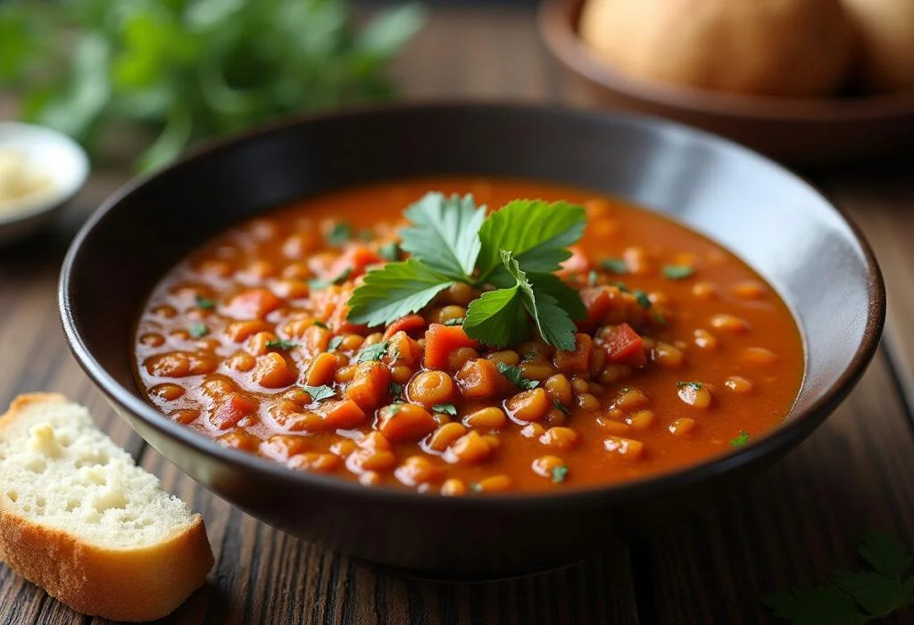 Delicious bowl of Spicy Lentil Soup with fresh herbs and bread, perfect for a cozy meal.