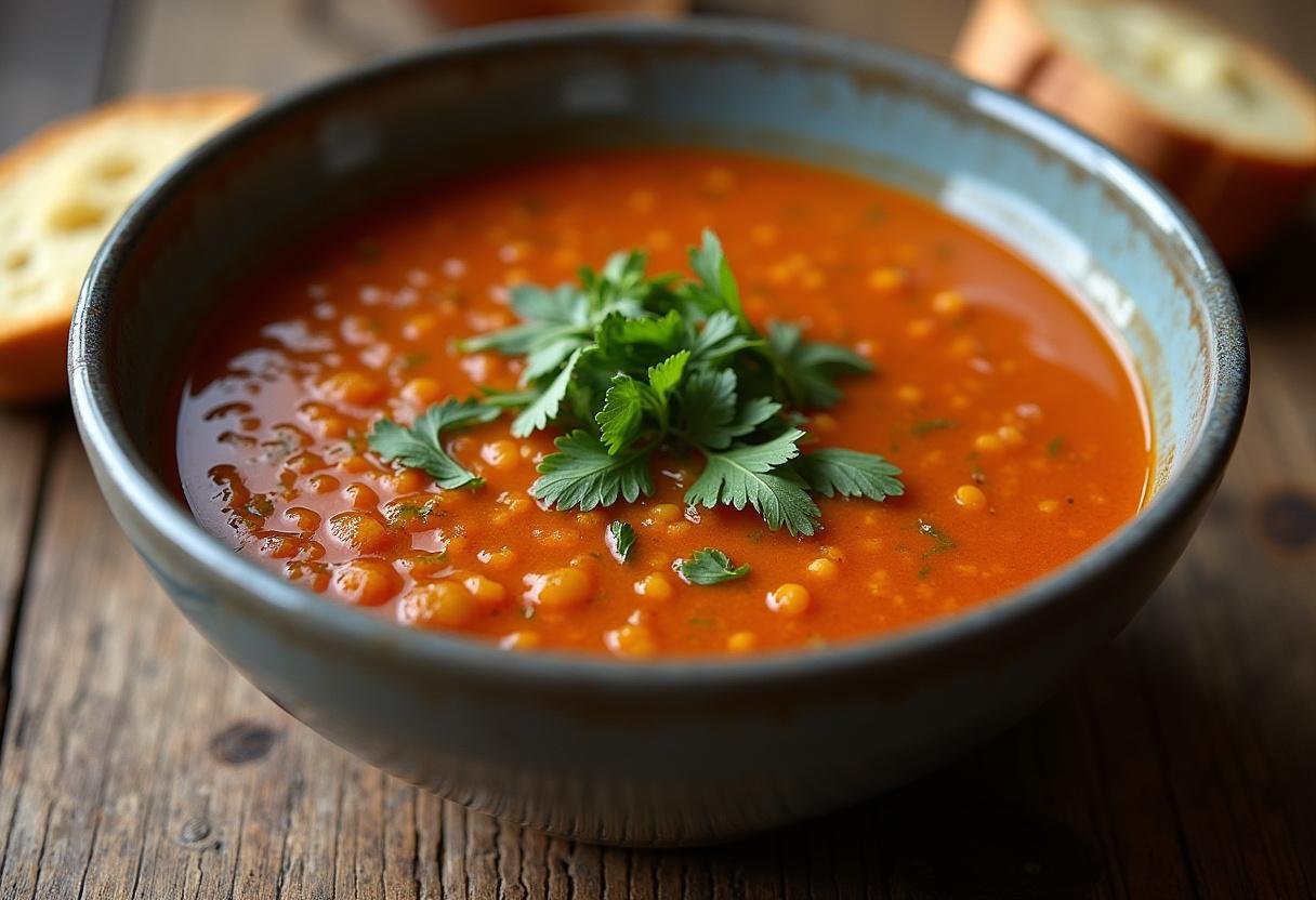 Delicious bowl of Spicy Lentil Soup with fresh herbs and bread, perfect for a cozy meal.