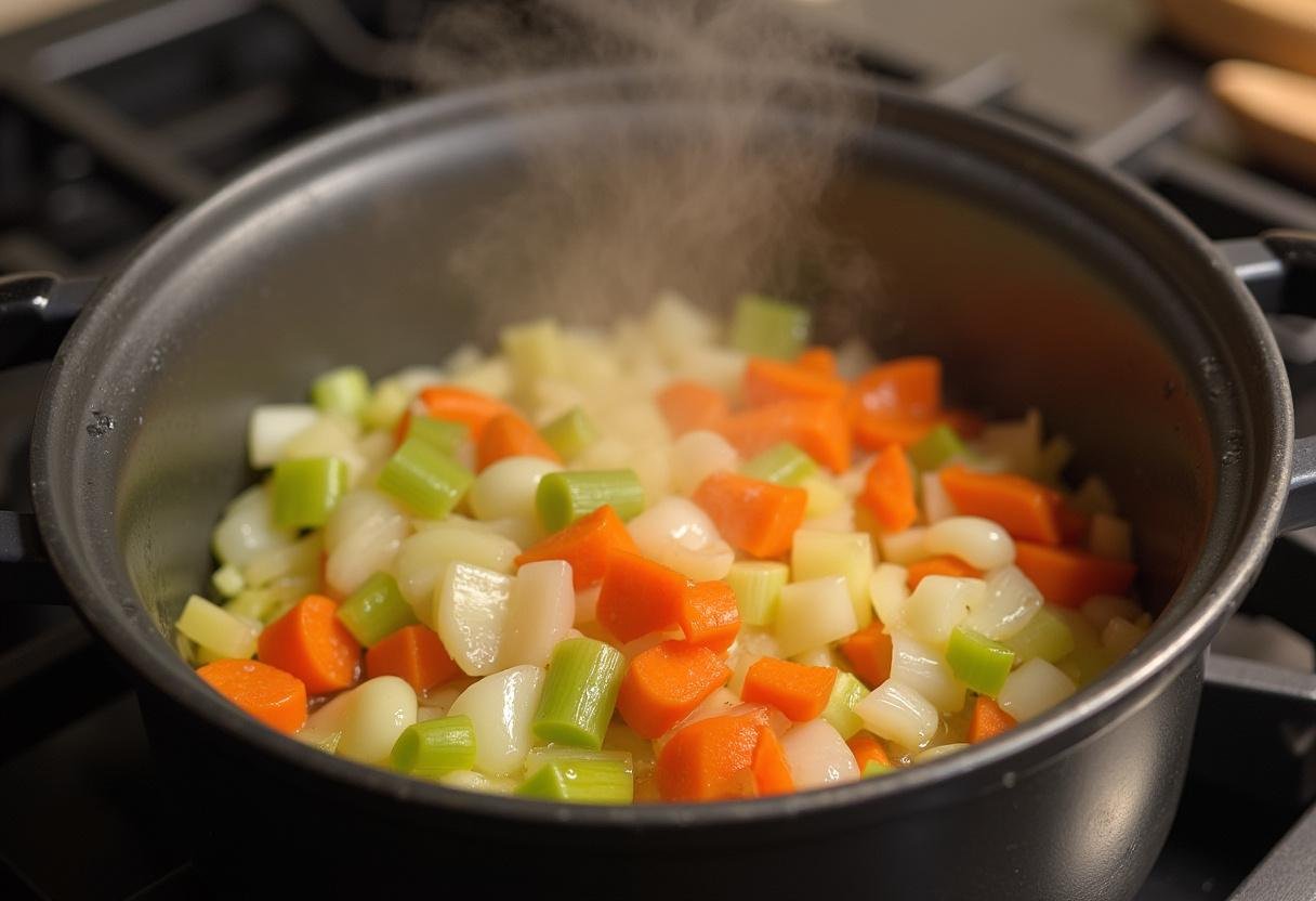 Sautéing diced onions, carrots, and celery for Spicy Lentil Soup preparation.