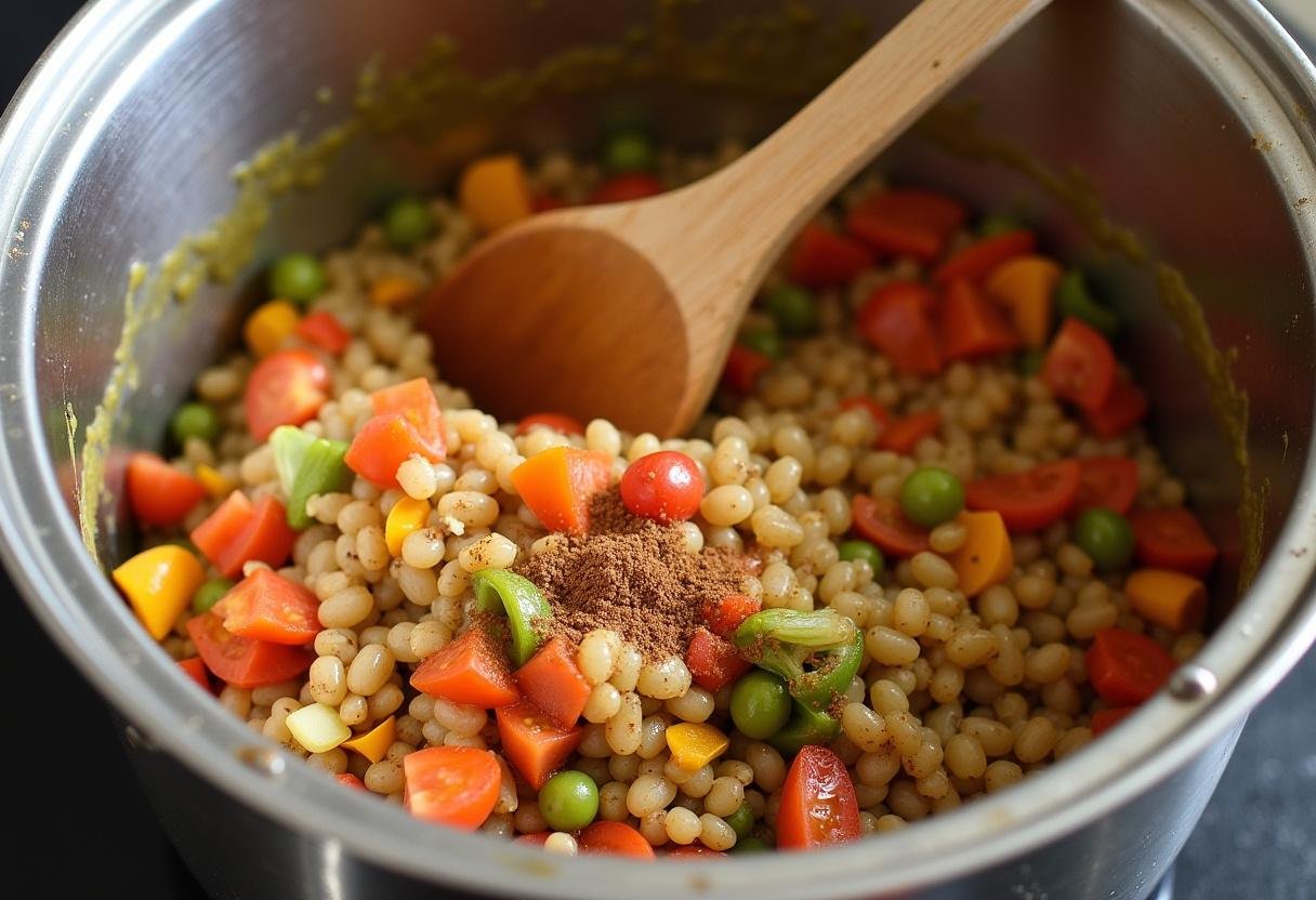 Mixing vegetables and lentils for Spicy Lentil Soup in a deep pot.