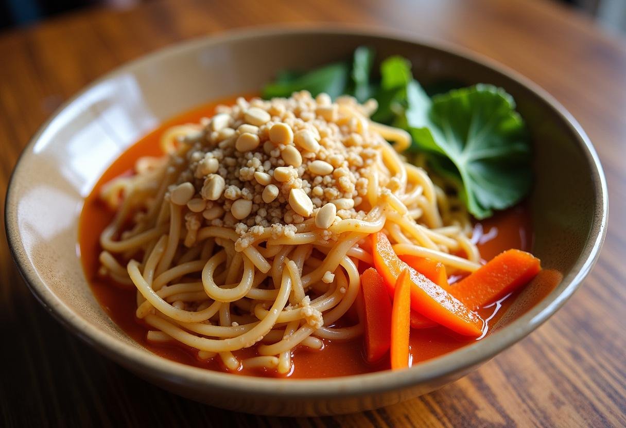 Finished Spicy Peanut Noodles in a bowl, perfect for a flavorful meal.