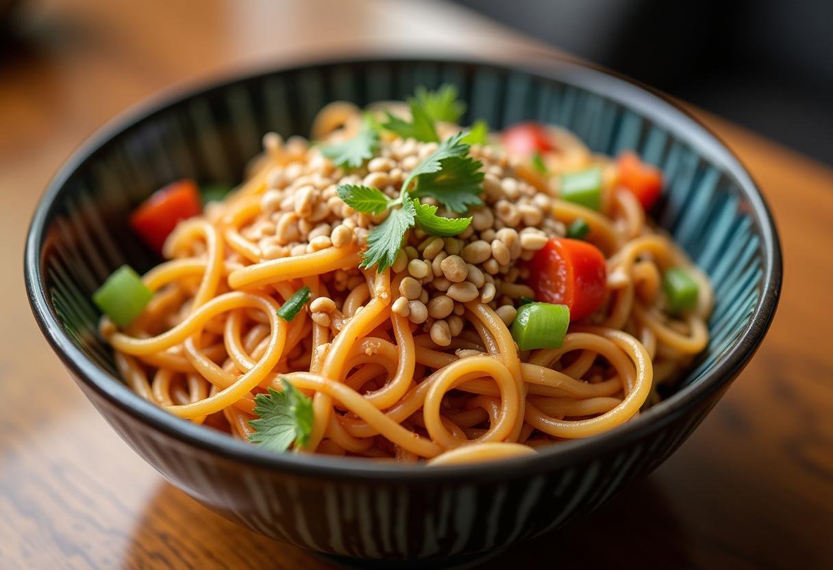 Finished Spicy Peanut Noodles in a bowl, perfect for a flavorful meal.