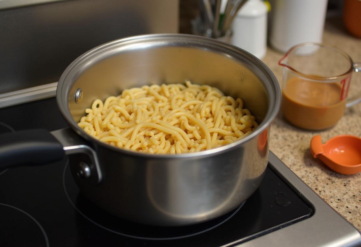 Boiling water in a pot in preparation for making Spicy Peanut Noodles.