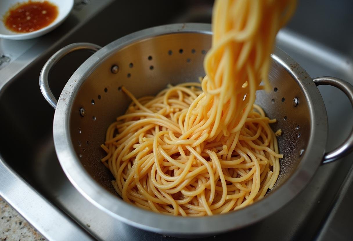 Draining cooked noodles for a Spicy Peanut Noodles recipe, with sauce ingredients visible.