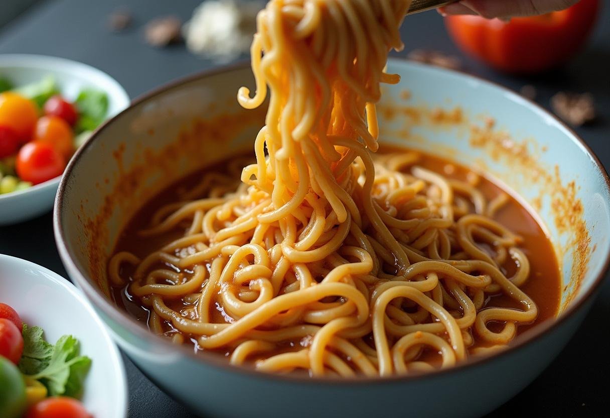 Tossing noodles with spicy peanut sauce, ready to add fresh vegetables for Spicy Peanut Noodles.