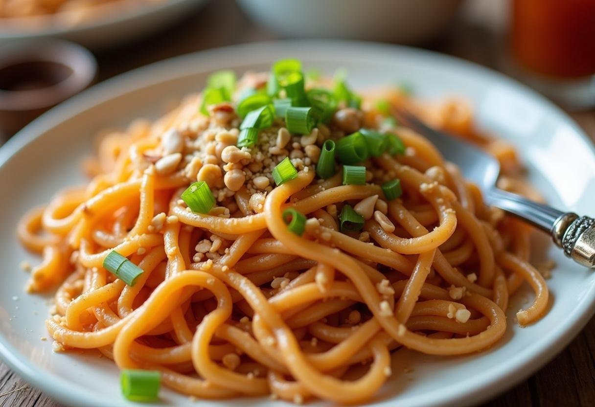 Garnished Spicy Peanut Noodles on a plate, ready to be served, showcasing vibrant toppings.