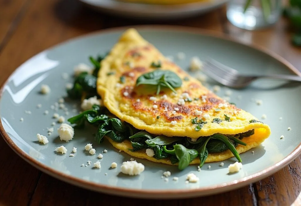 Delicious spinach feta omelet beautifully presented for breakfast.