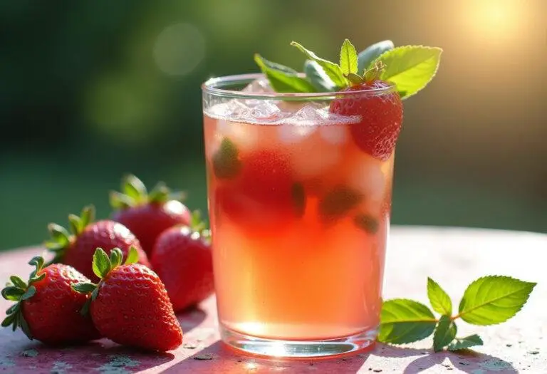 Refreshing Strawberry Basil Lemonade garnished with strawberries and basil, perfect for summer enjoyment.