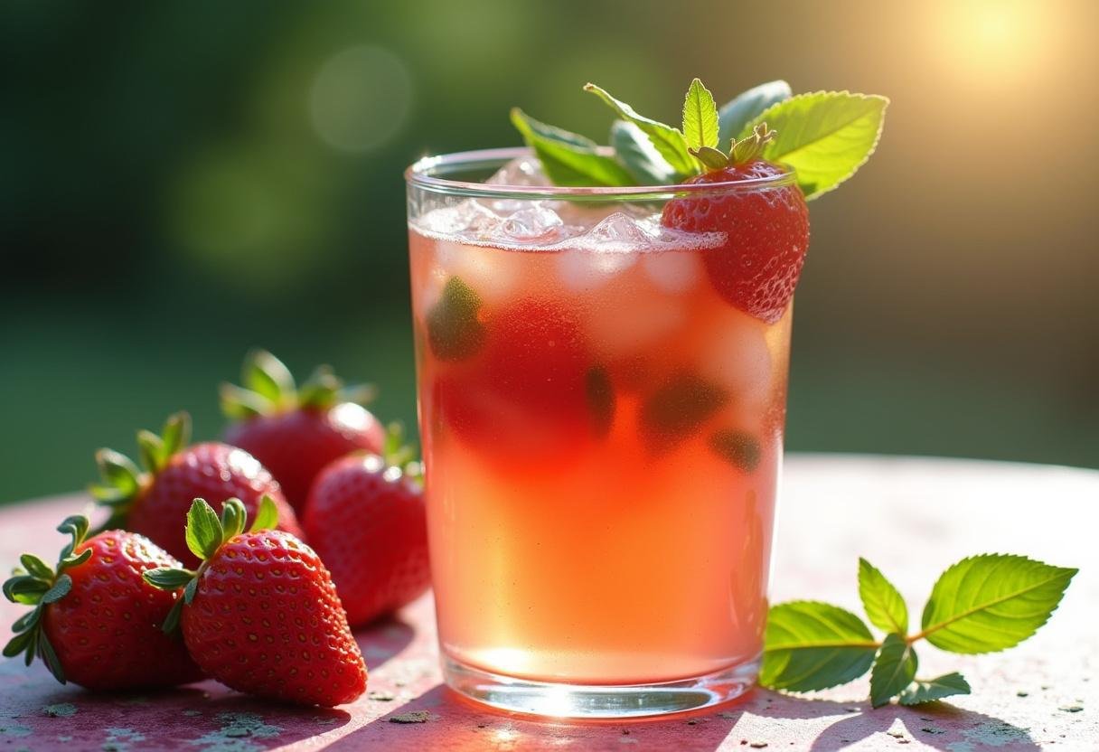 Refreshing Strawberry Basil Lemonade garnished with strawberries and basil, perfect for summer enjoyment.