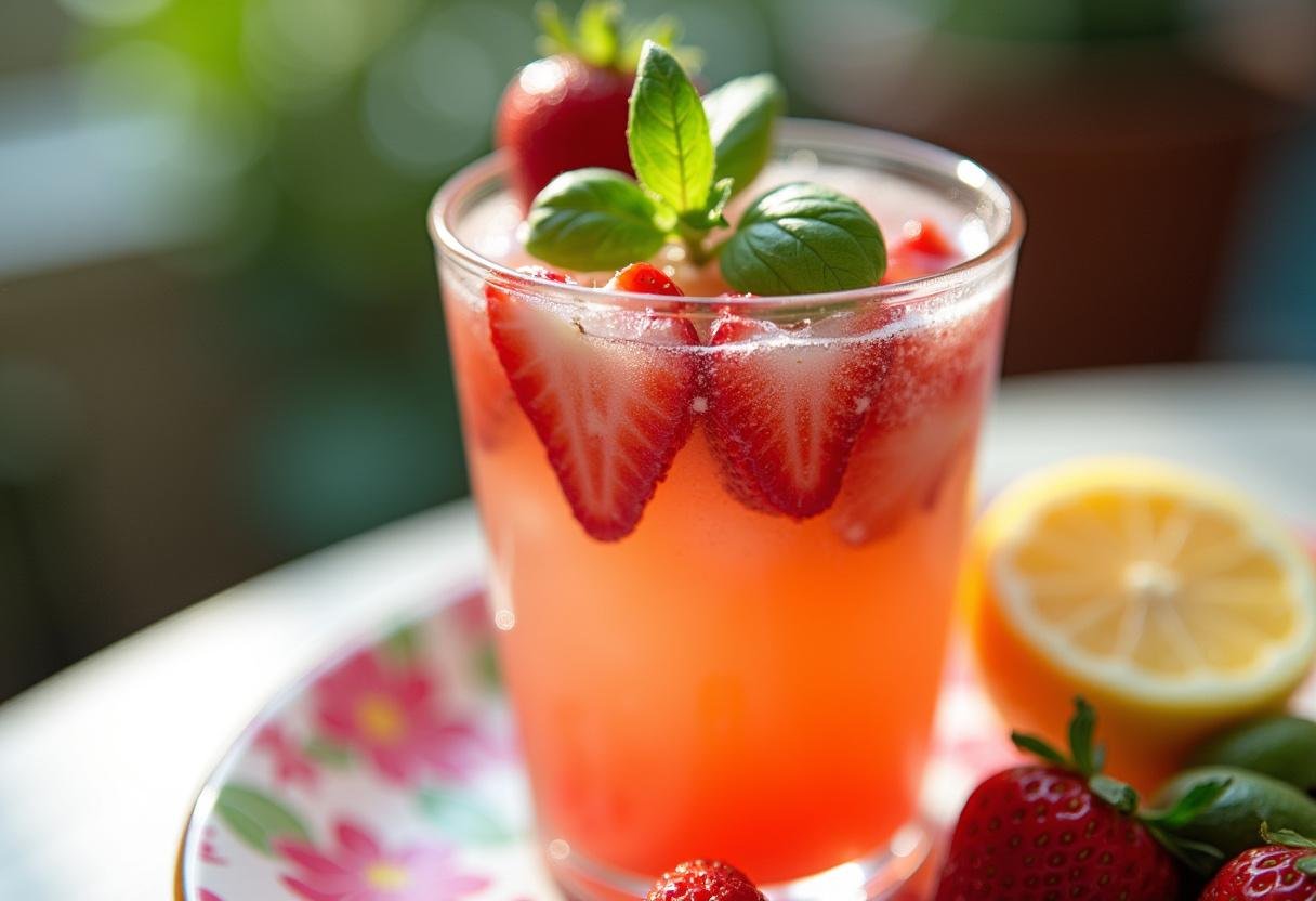 Refreshing Strawberry Basil Lemonade garnished with strawberries and basil, perfect for summer enjoyment.