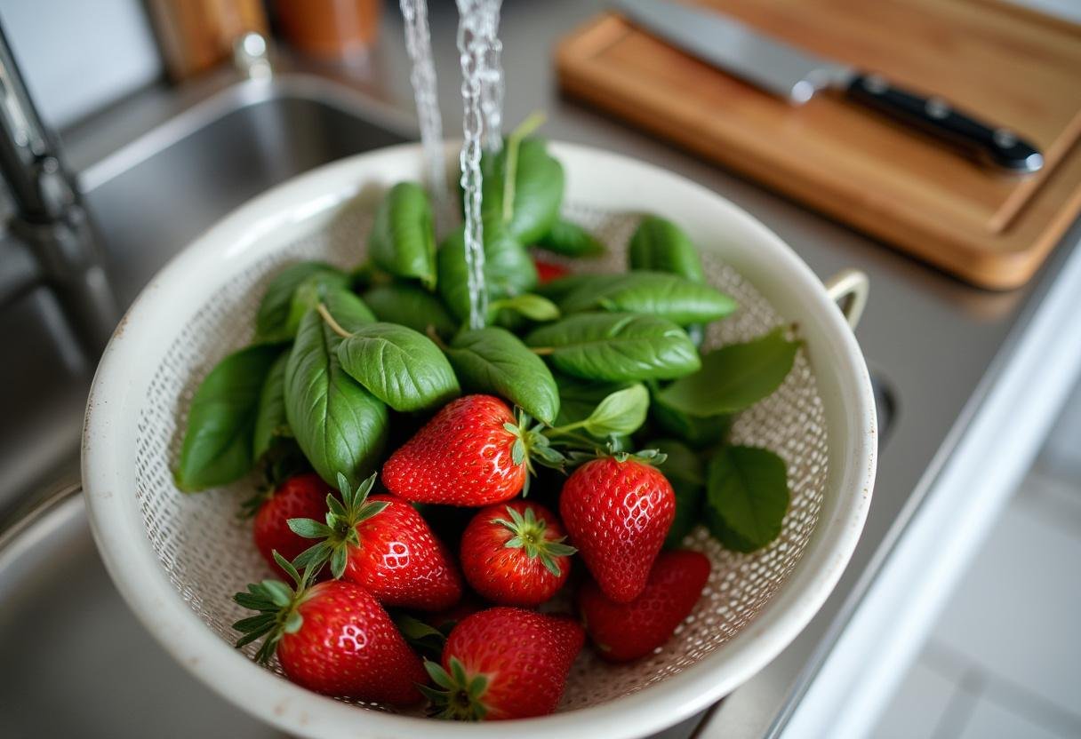 Fresh strawberries and basil leaves being prepared for Strawberry Basil Lemonade.