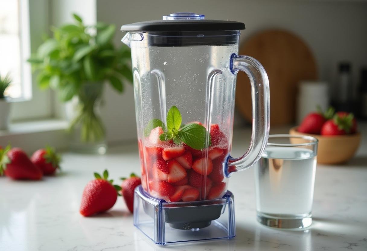 Blending strawberries and basil for refreshing Strawberry Basil Lemonade.