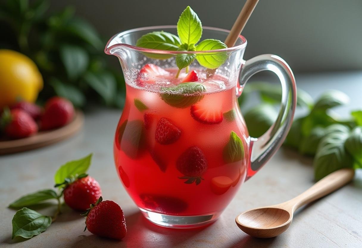 Strawberry and basil mixture combined with lemon juice for Strawberry Basil Lemonade.
