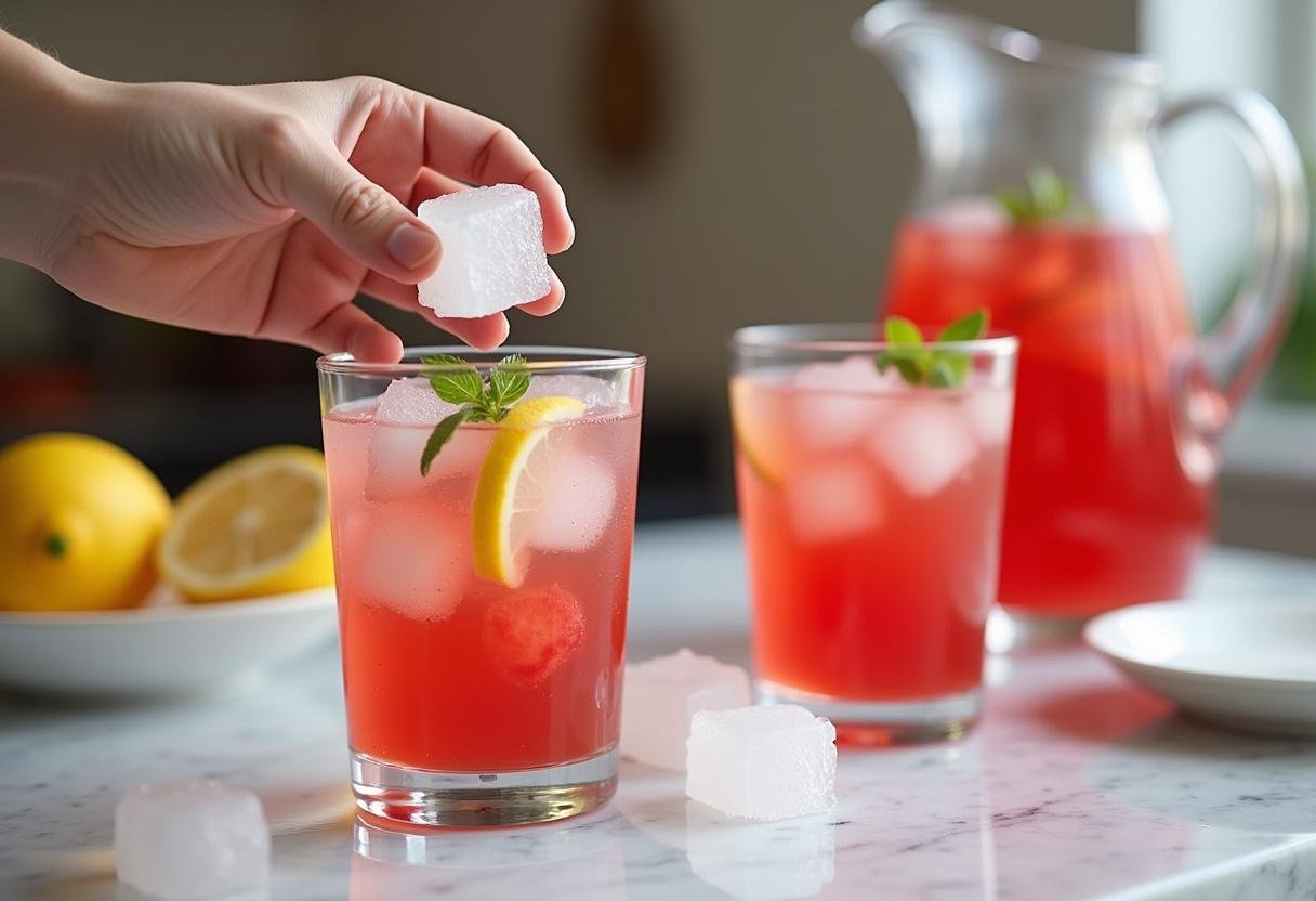 Glasses being prepared with ice for serving Strawberry Basil Lemonade.