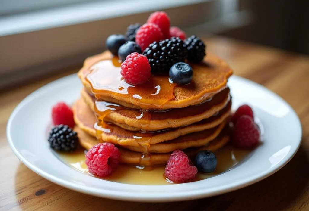 Delicious sweet potato pancakes topped with syrup and berries, perfect for a hearty breakfast.