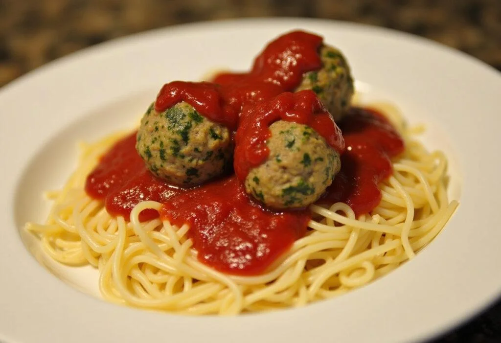Delicious Turkey Spinach Meatballs served with spaghetti and marinara, ideal for a family dinner.
