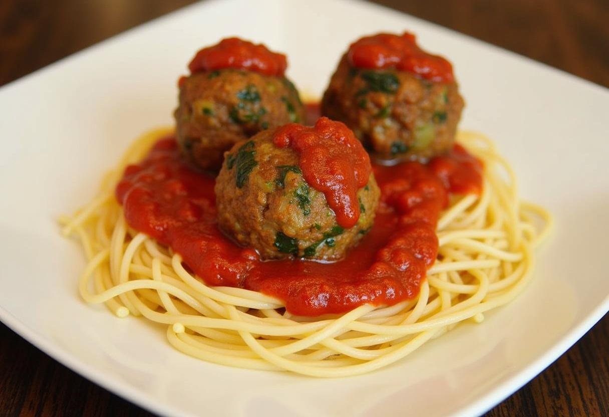 Delicious Turkey Spinach Meatballs served with spaghetti and marinara, ideal for a family dinner.