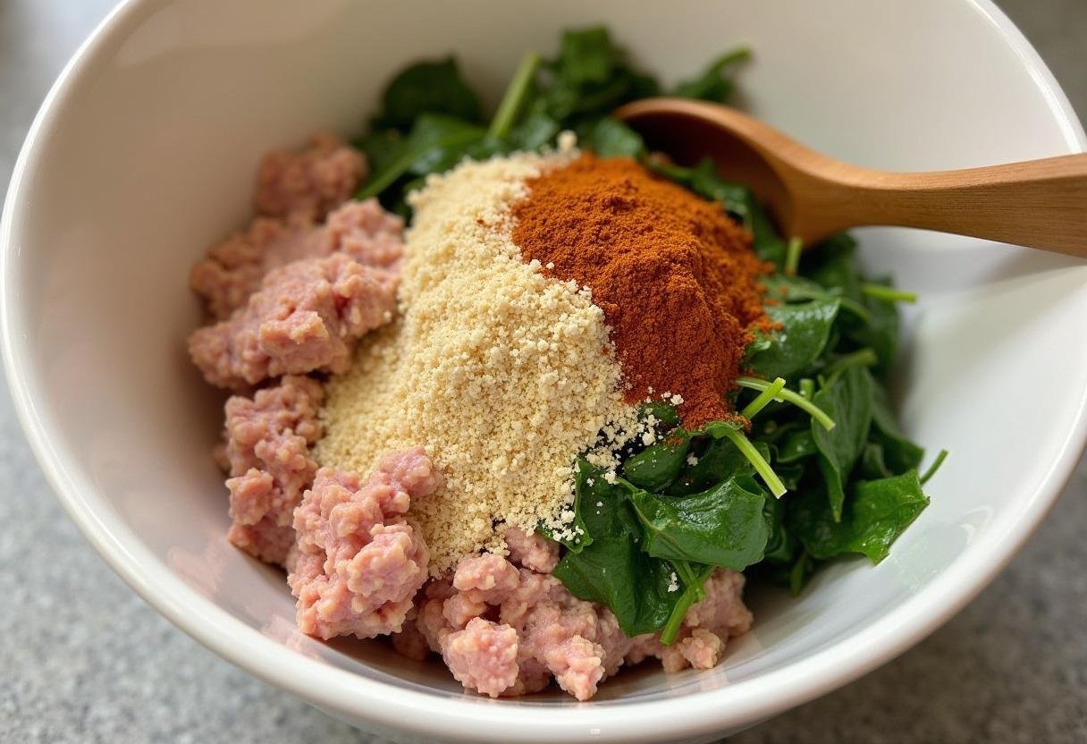 Mixed ingredients for Turkey Spinach Meatballs including ground turkey and spinach in a bowl.