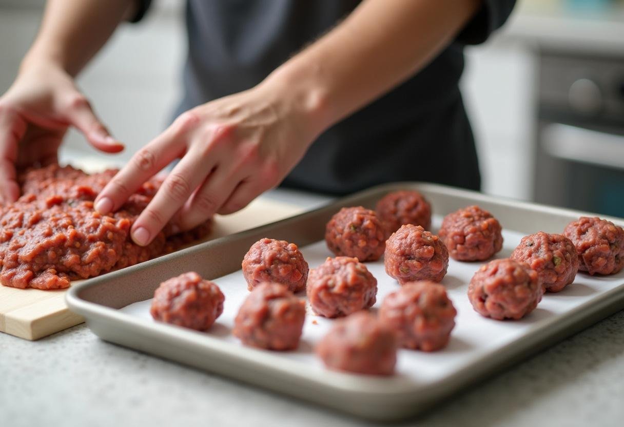 Shaping Turkey Spinach Meatballs by hand on a kitchen counter.