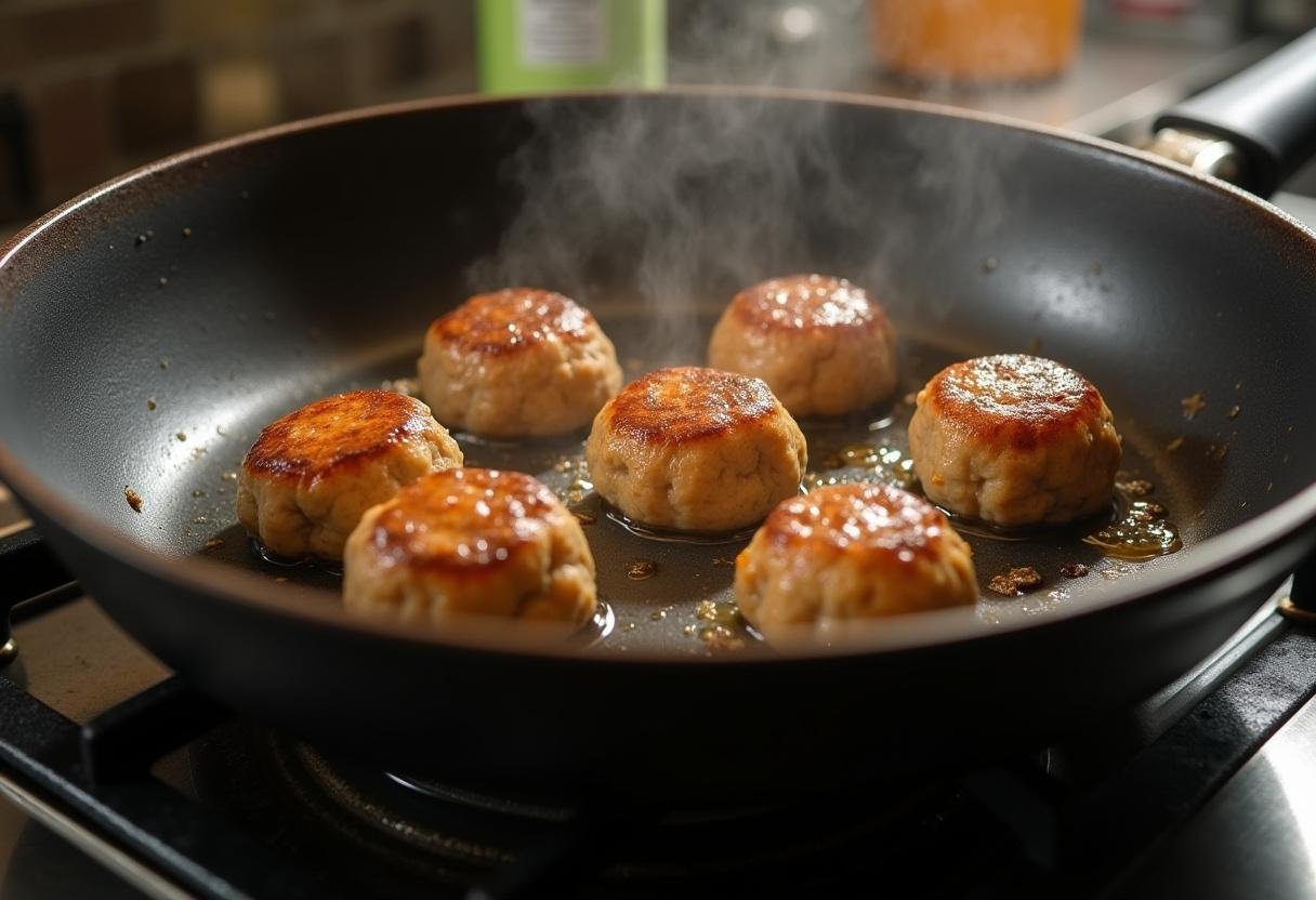 Cooking Turkey Spinach Meatballs in a frying pan, showing a perfect golden-brown color.