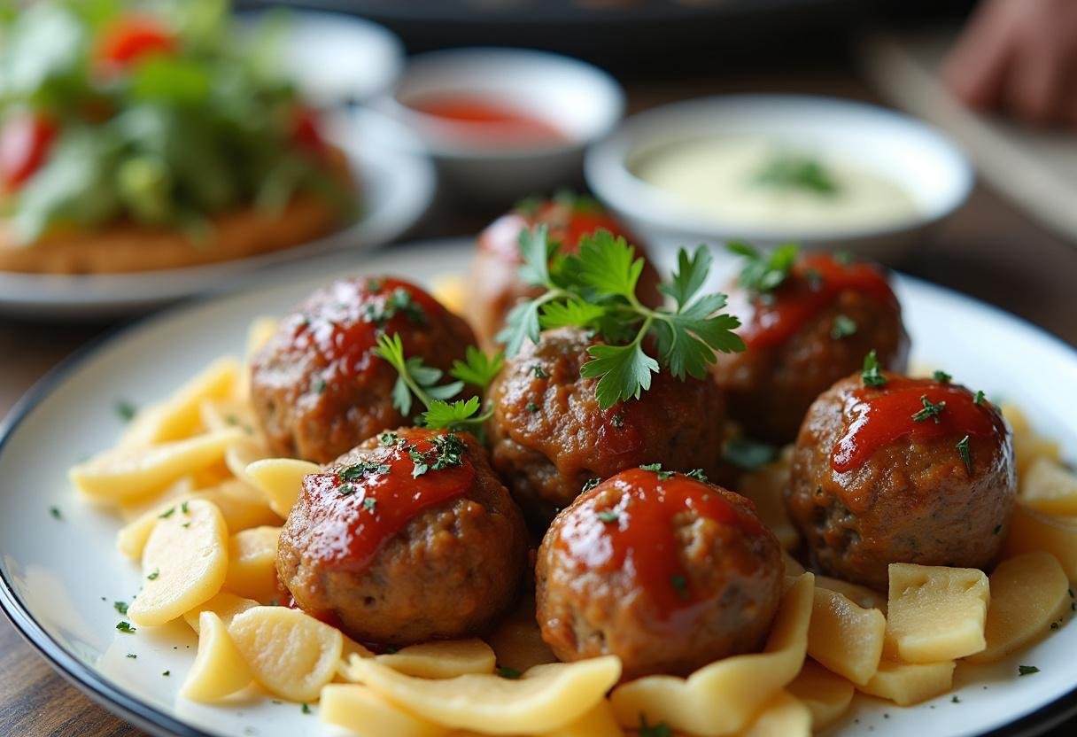 Garnished Turkey Spinach Meatballs served with sauces and salad on a dining table.