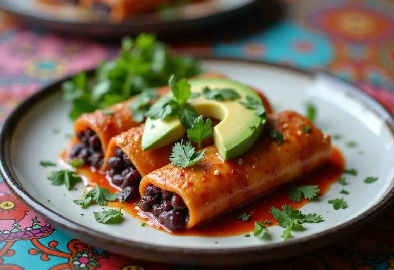 Finished Vegan Black Bean Enchiladas garnished with avocado and herbs for a delightful meal.
