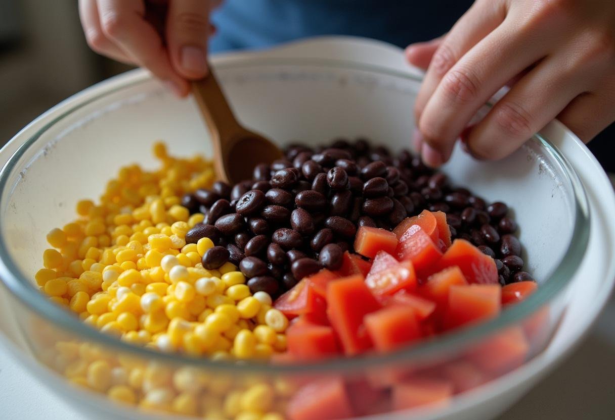 Mixing black beans, corn, and diced tomatoes for Vegan Black Bean Enchiladas.