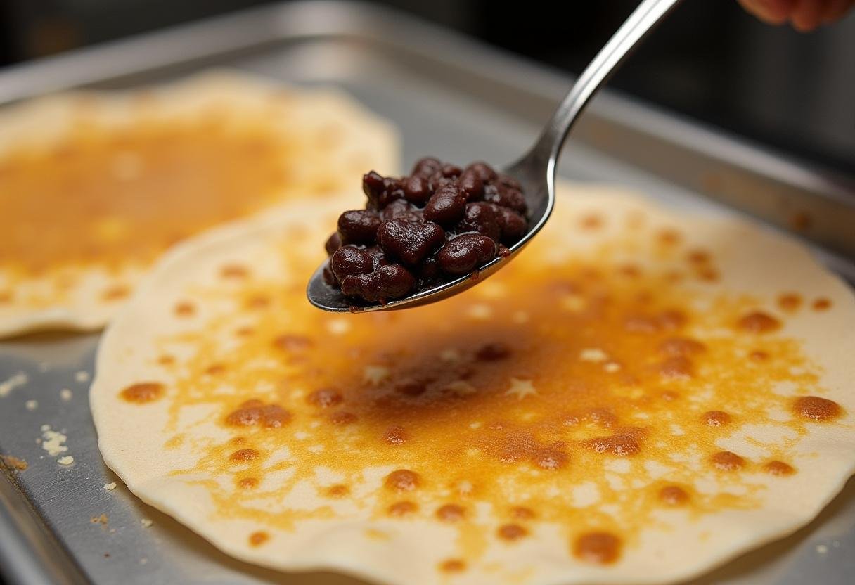 Preparing tortillas for Vegan Black Bean Enchiladas with a black bean filling ready to be added.
