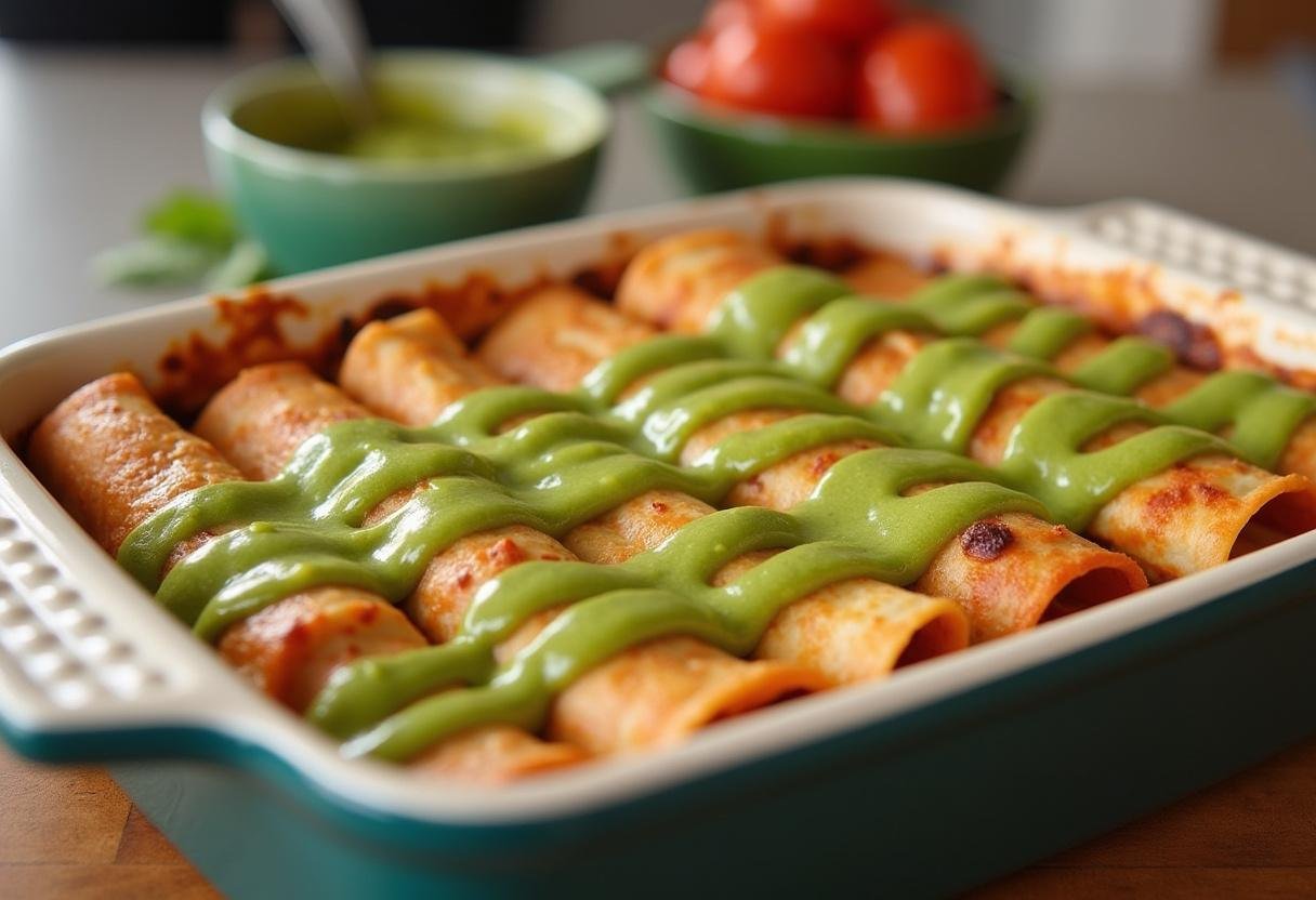 Enchiladas being placed into a baking dish with verde sauce for the Vegan Black Bean Enchiladas recipe.