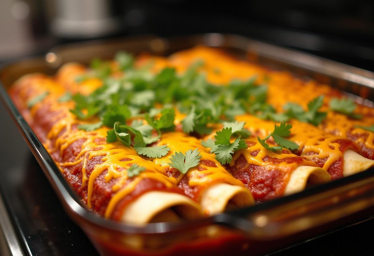 Vegan Black Bean Enchiladas baking dish ready to be baked in the oven.