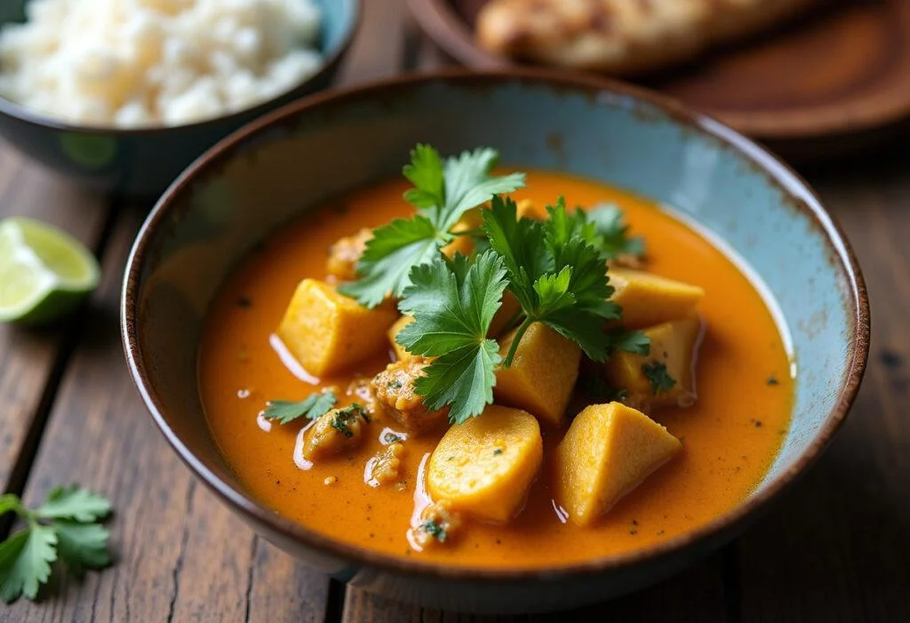 Finished Vegan Coconut Curry in a bowl, garnished with cilantro, perfect for a warm and flavorful meal.