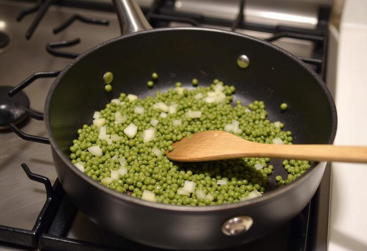 Cooking lentils and onions for Vegan Lentil Tacos preparation.