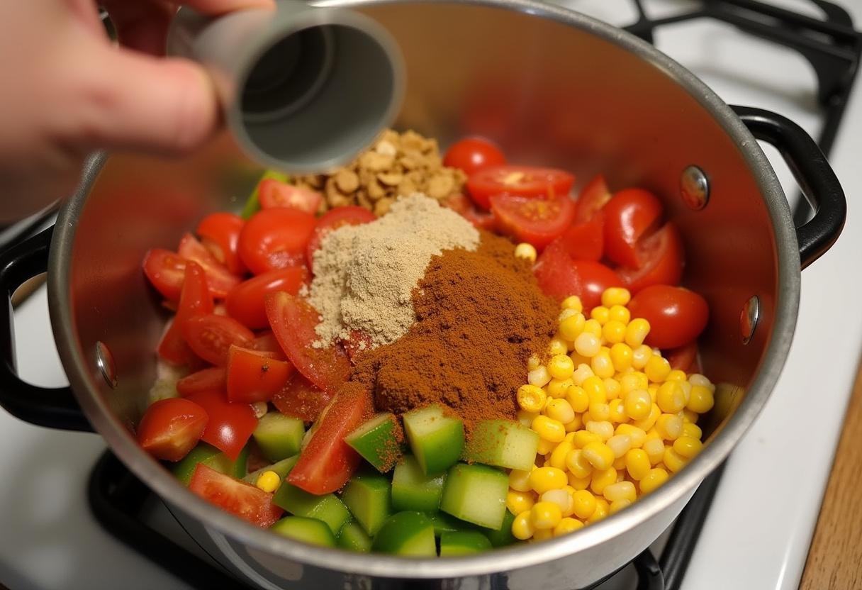 Preparing a colorful vegetable mixture for Vegan Lentil Tacos with fresh ingredients.