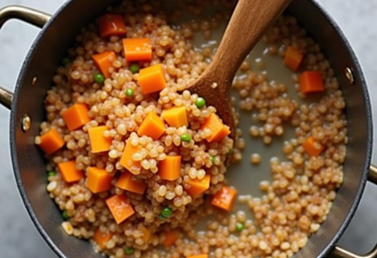 Combining lentils and vegetable mixture for flavorful Vegan Lentil Tacos filling.