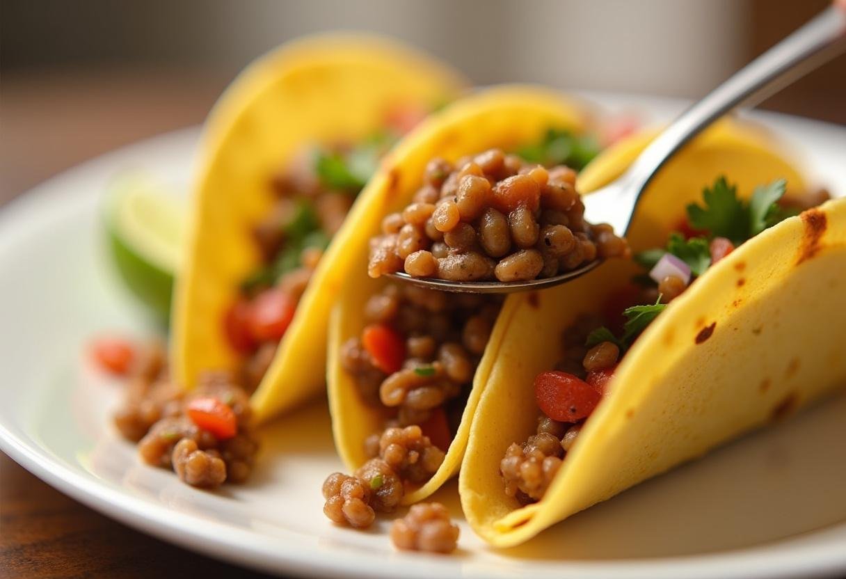 Assembling Vegan Lentil Tacos with hearty lentil mixture in soft taco shells.