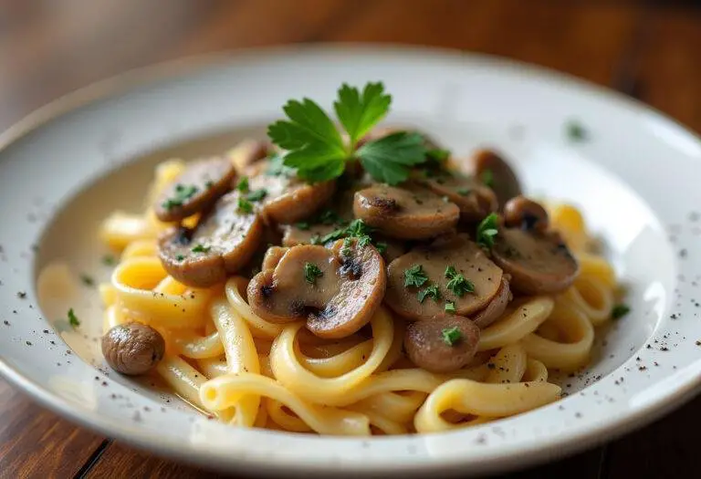 Delicious vegan mushroom stroganoff served with pasta, perfect for a hearty, plant-based meal.