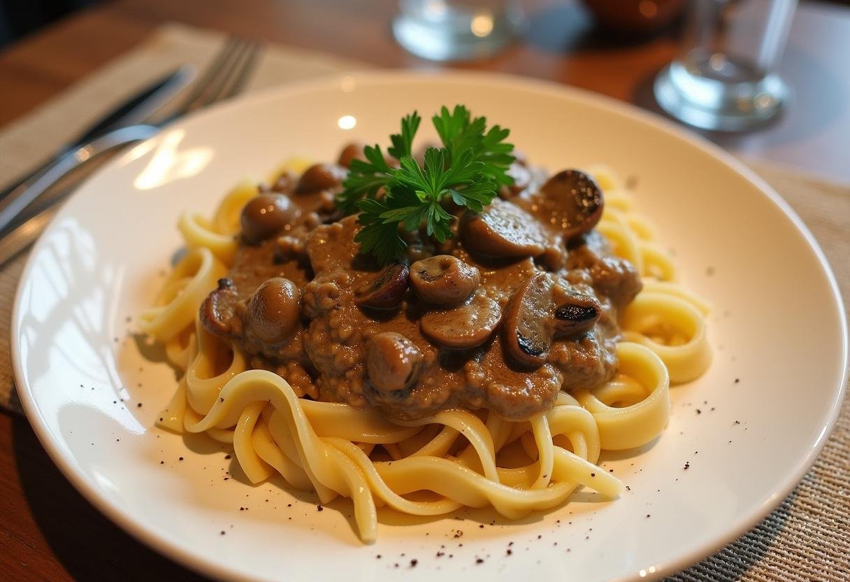 Delicious vegan mushroom stroganoff served with pasta, perfect for a hearty, plant-based meal.