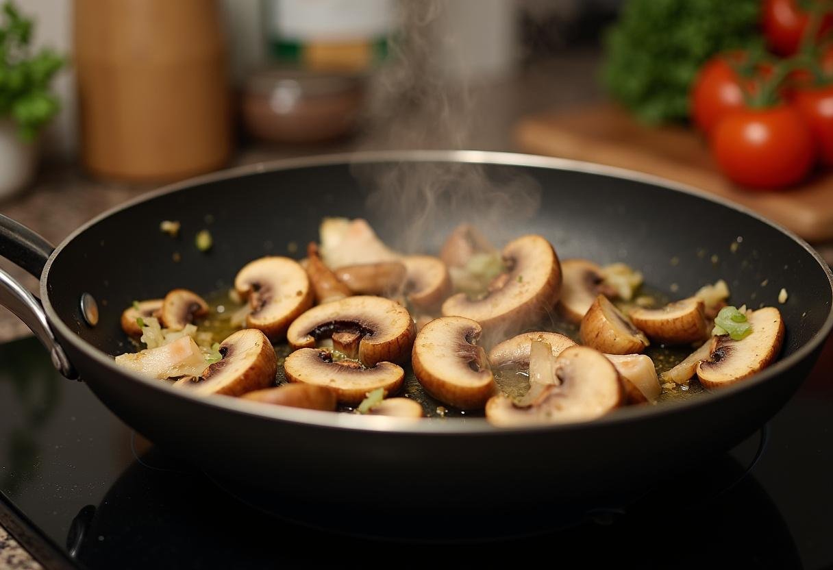 Sautéing sliced mushrooms, garlic, and onions for vegan mushroom stroganoff preparation.
