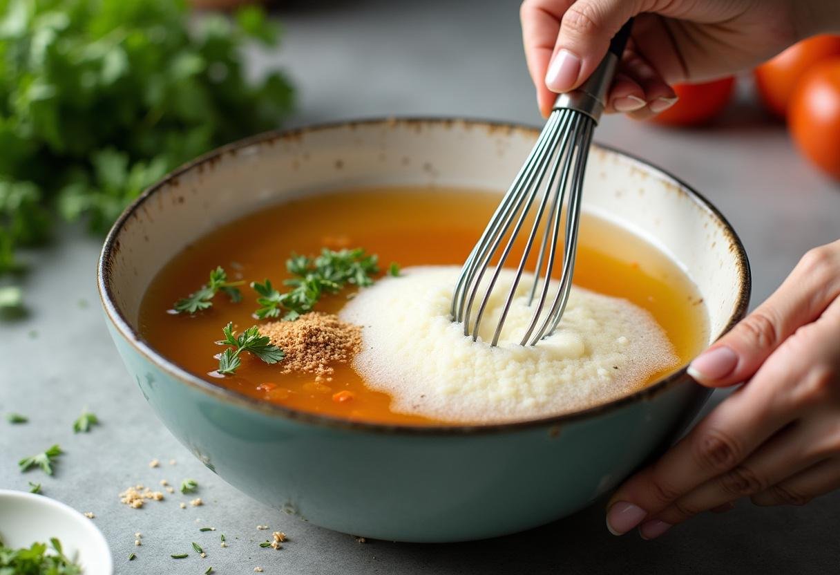 Mixing vegetable broth and thickening agents to create a sauce for vegan mushroom stroganoff.