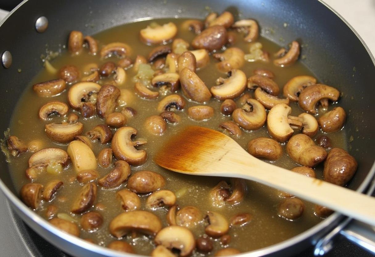 Combining sautéed mushrooms with the broth for vegan mushroom stroganoff sauce preparation.