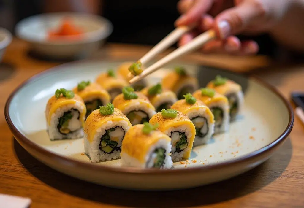 Finished Vegan Sushi Rolls served with wasabi and pickled ginger, perfect for a healthy meal.