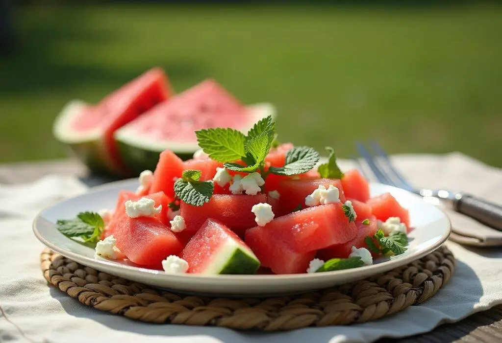 Finished Watermelon Mint Salad presented on a picnic table, ideal for summer gatherings.