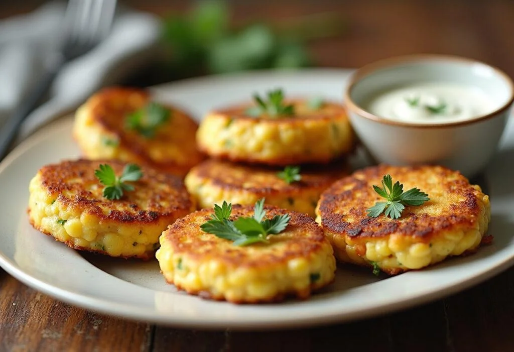 Delicious Zucchini Corn Fritters served with dipping sauce, perfect for a savory snack.