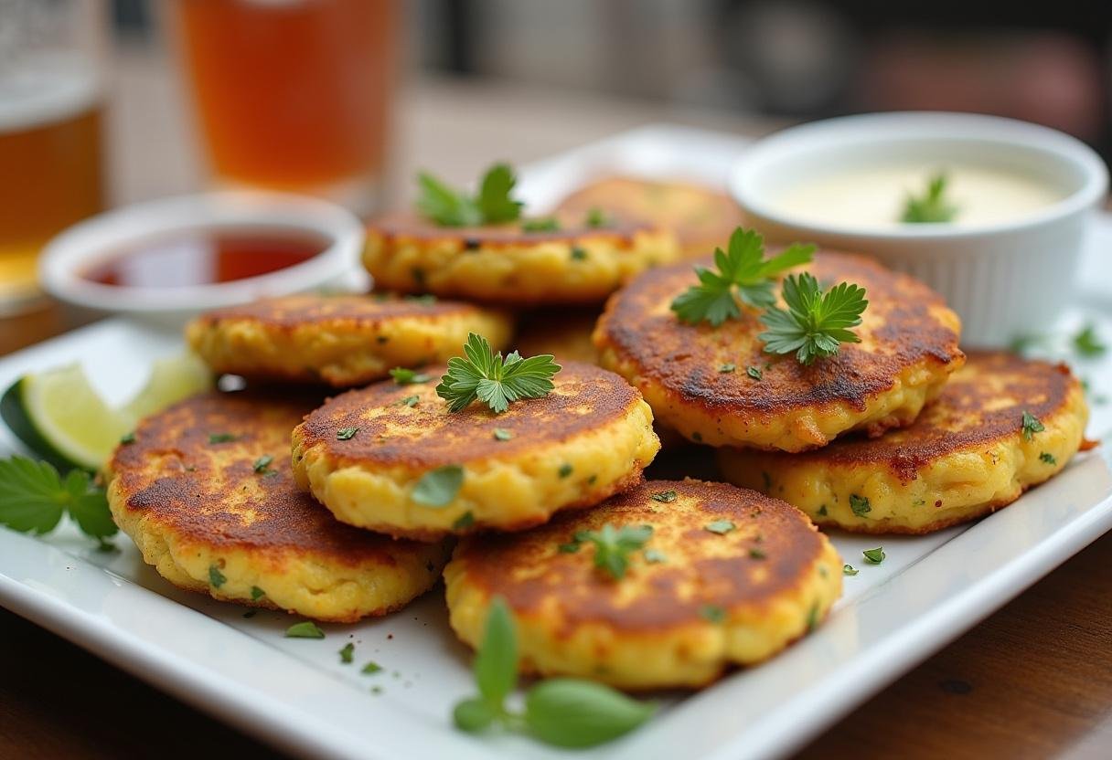 Delicious Zucchini Corn Fritters served with dipping sauce, perfect for a savory snack.