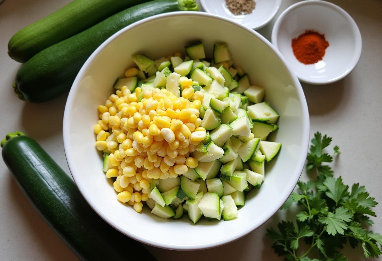 Grated zucchini and corn prepared for Zucchini Corn Fritters recipe.