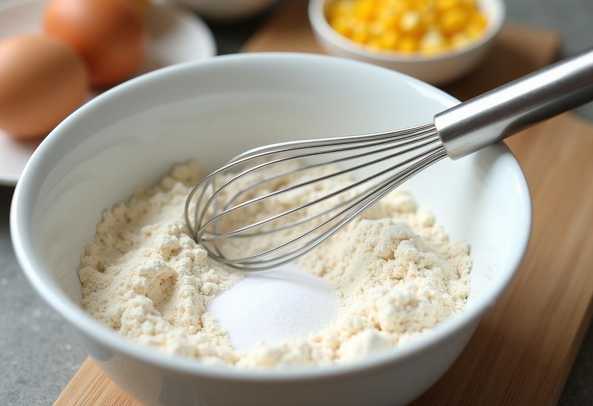 Mixing dry ingredients for Zucchini Corn Fritters.